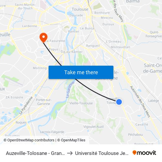 Auzeville-Tolosane - Grand Chemin to Université Toulouse Jean Jaurès map