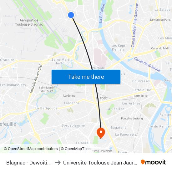 Blagnac - Dewoitine to Université Toulouse Jean Jaurès map