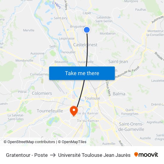 Gratentour - Poste to Université Toulouse Jean Jaurès map