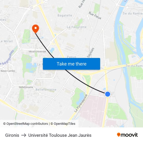 Gironis to Université Toulouse Jean Jaurès map