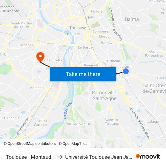 Toulouse - Montaudran to Université Toulouse Jean Jaurès map