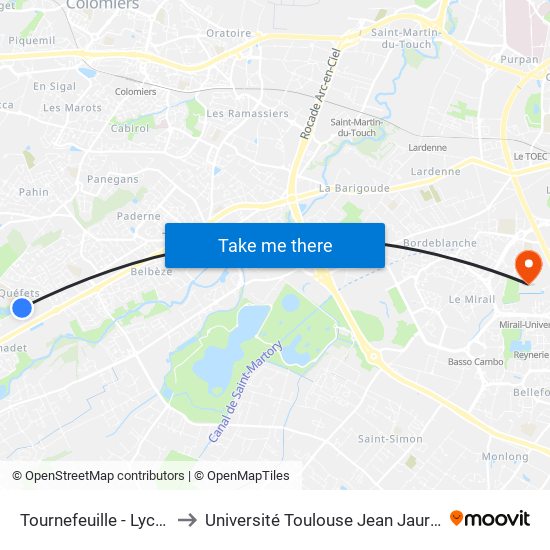 Tournefeuille - Lycée to Université Toulouse Jean Jaurès map
