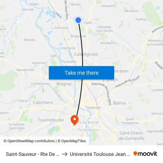 Saint-Sauveur - Rte De Cépet to Université Toulouse Jean Jaurès map