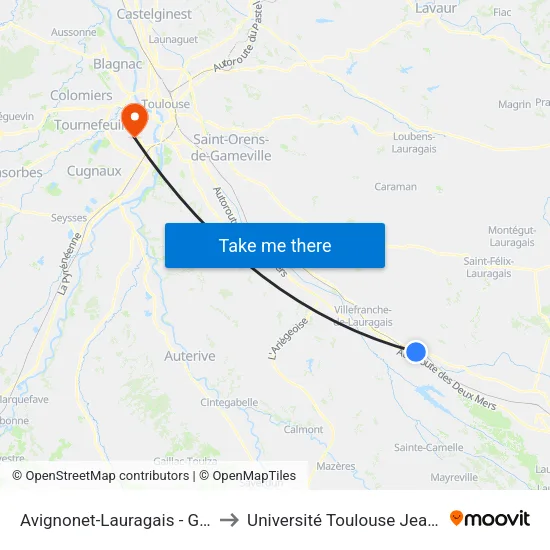 Avignonet-Lauragais - Gare Sncf to Université Toulouse Jean Jaurès map