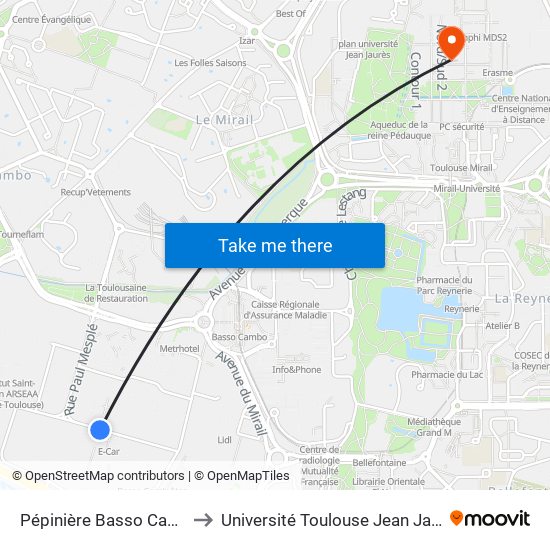 Pépinière Basso Cambo to Université Toulouse Jean Jaurès map