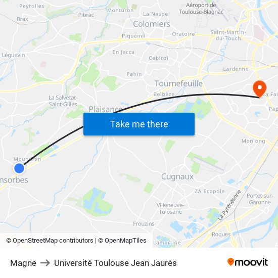 Magne to Université Toulouse Jean Jaurès map