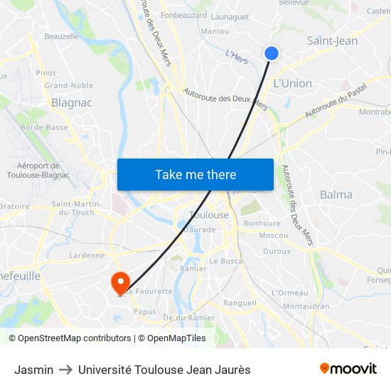 Jasmin to Université Toulouse Jean Jaurès map