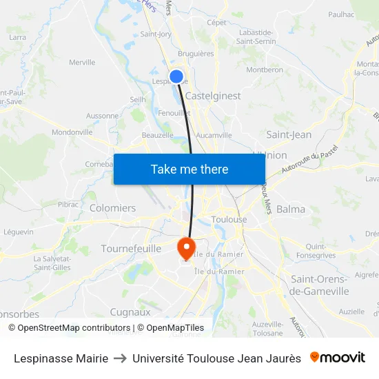 Lespinasse Mairie to Université Toulouse Jean Jaurès map