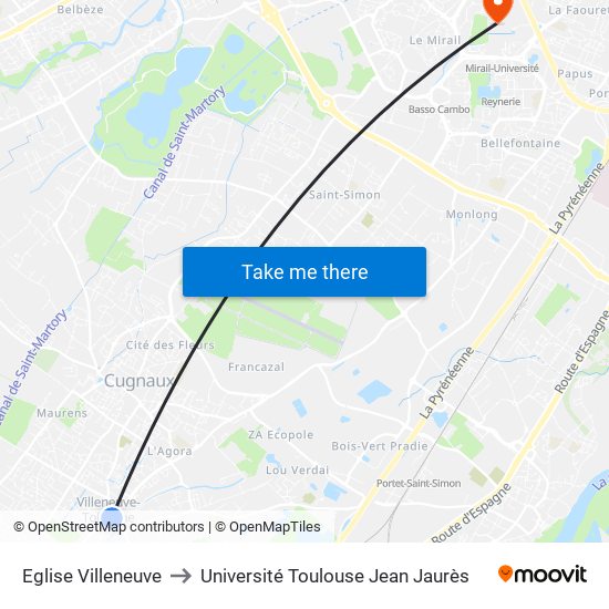 Eglise Villeneuve to Université Toulouse Jean Jaurès map