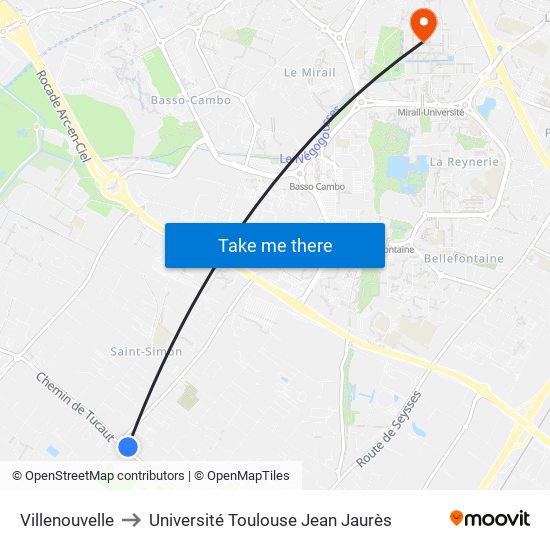 Villenouvelle to Université Toulouse Jean Jaurès map