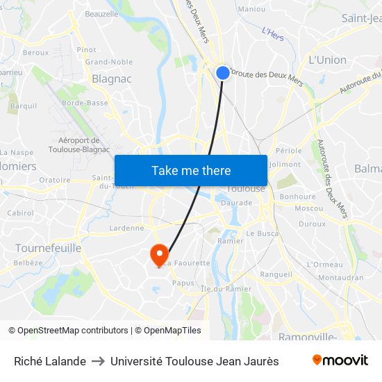Riché Lalande to Université Toulouse Jean Jaurès map