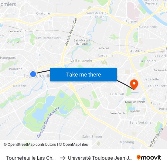Tournefeuille Les Chênes to Université Toulouse Jean Jaurès map
