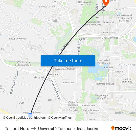 Talabot Nord to Université Toulouse Jean Jaurès map