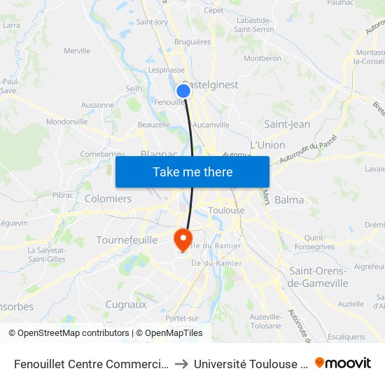 Fenouillet Centre Commercial - Entrée Nord to Université Toulouse Jean Jaurès map