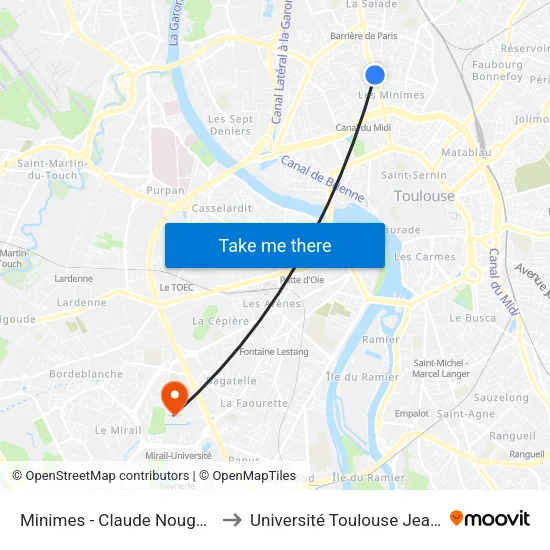 Minimes - Claude Nougaro - Gare to Université Toulouse Jean Jaurès map