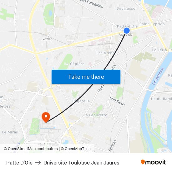 Patte D'Oie to Université Toulouse Jean Jaurès map