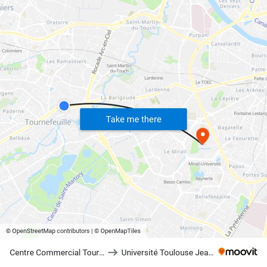 Centre Commercial Tournefeuille to Université Toulouse Jean Jaurès map