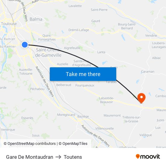 Gare De Montaudran to Toutens map