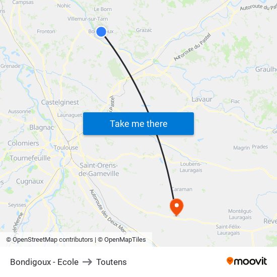 Bondigoux - Ecole to Toutens map