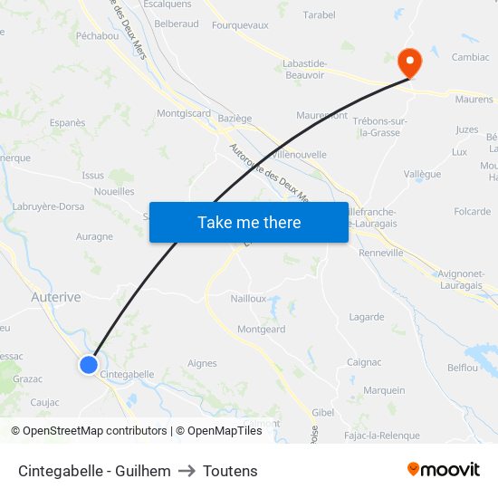 Cintegabelle - Guilhem to Toutens map