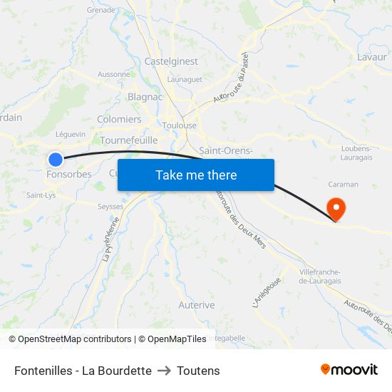Fontenilles - La Bourdette to Toutens map