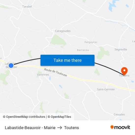 Labastide-Beauvoir - Mairie to Toutens map