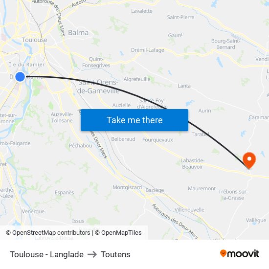 Toulouse - Langlade to Toutens map