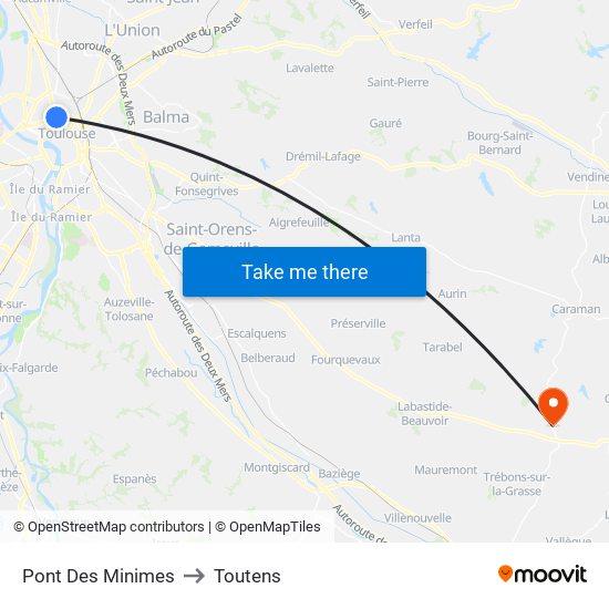 Pont Des Minimes to Toutens map