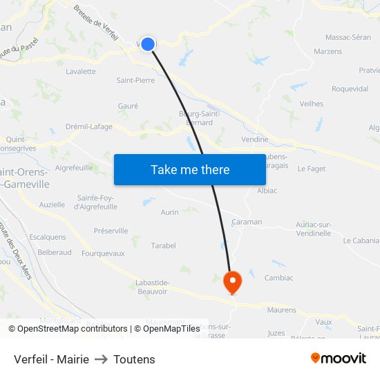 Verfeil - Mairie to Toutens map
