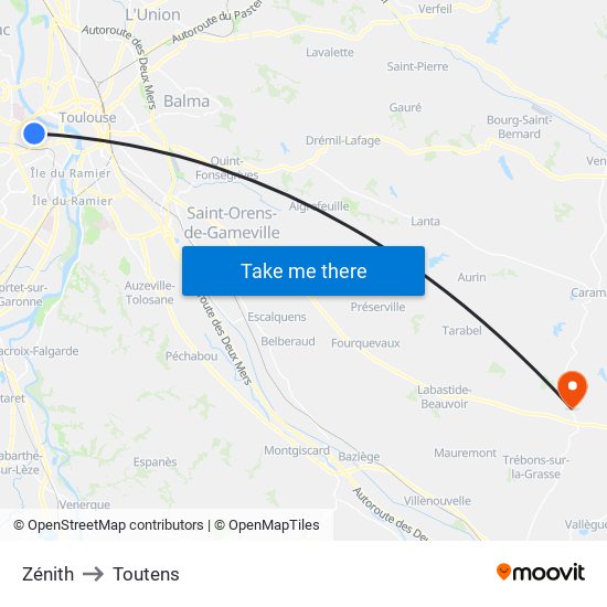 Zénith to Toutens map