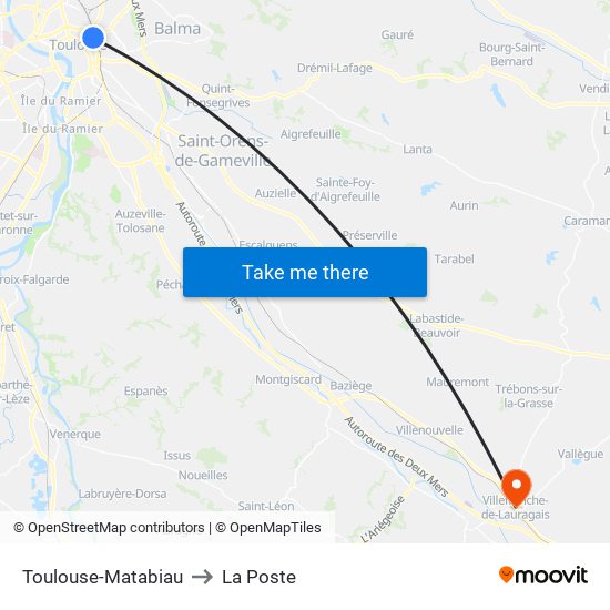 Toulouse-Matabiau to La Poste map