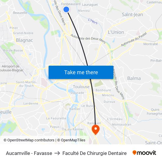 Aucamville - Favasse to Faculté De Chirurgie Dentaire map