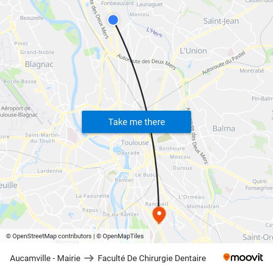 Aucamville - Mairie to Faculté De Chirurgie Dentaire map