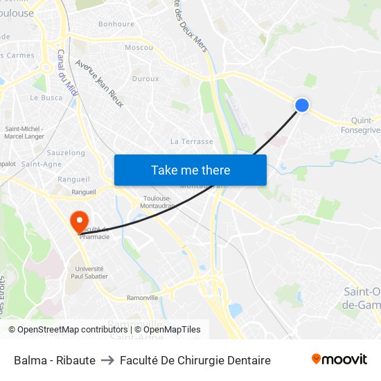Balma - Ribaute to Faculté De Chirurgie Dentaire map
