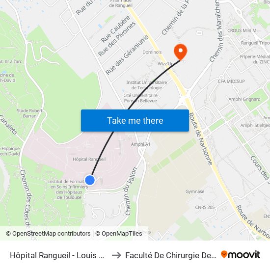 Hôpital Rangueil - Louis Lareng to Faculté De Chirurgie Dentaire map