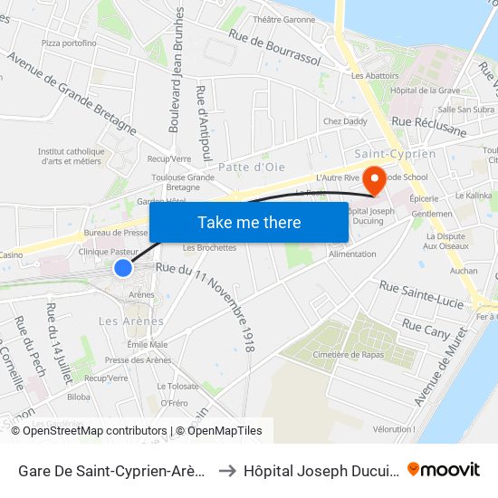 Gare De Saint-Cyprien-Arènes to Hôpital Joseph Ducuing map