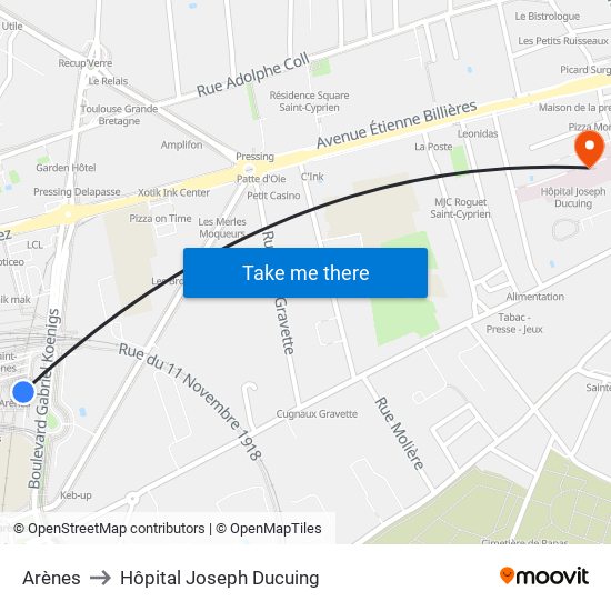 Arènes to Hôpital Joseph Ducuing map