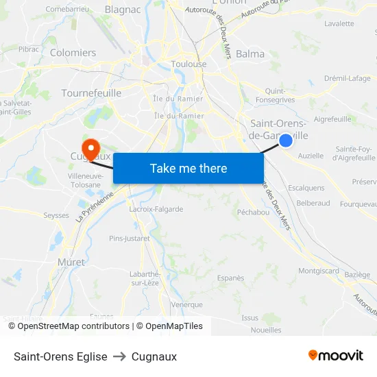 Saint-Orens Eglise to Cugnaux map