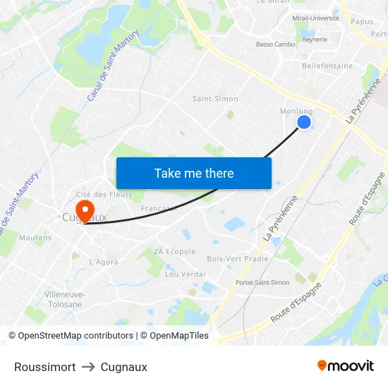 Roussimort to Cugnaux map