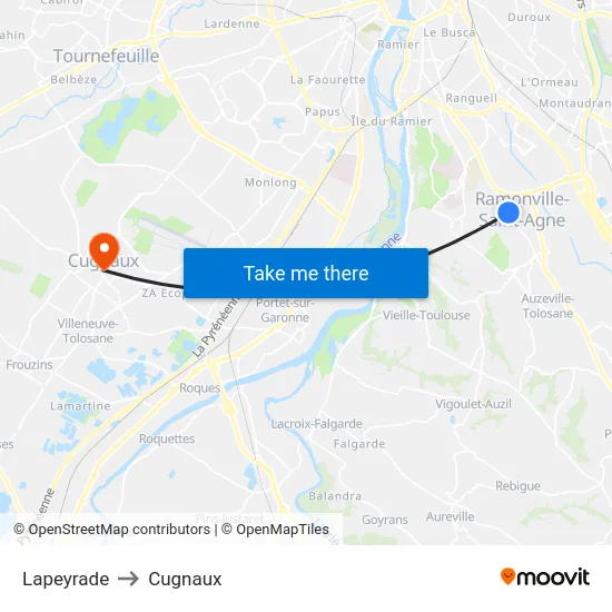 Lapeyrade to Cugnaux map