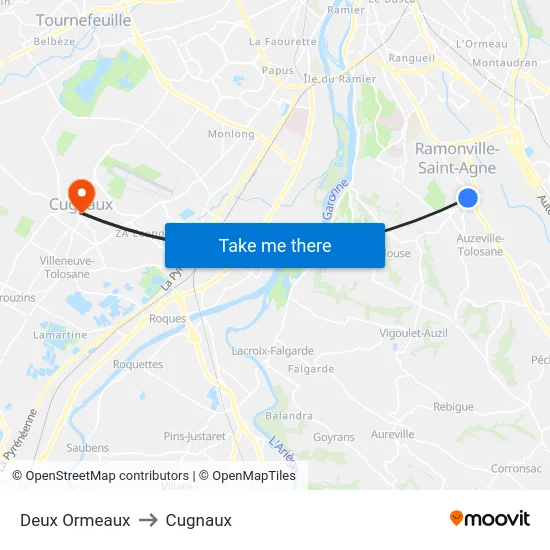 Deux Ormeaux to Cugnaux map