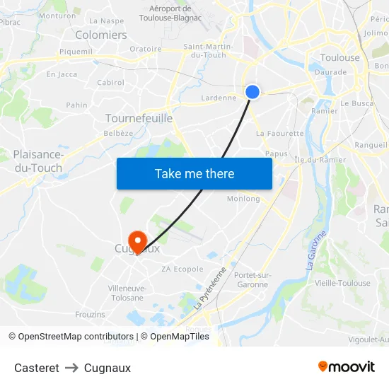 Casteret to Cugnaux map