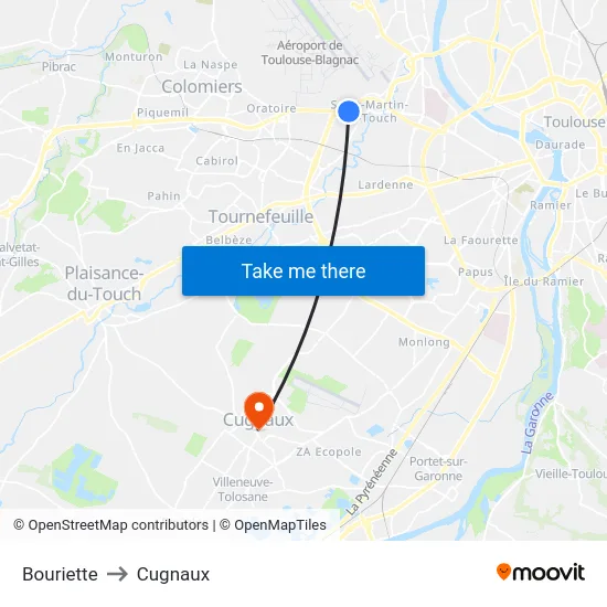 Bouriette to Cugnaux map