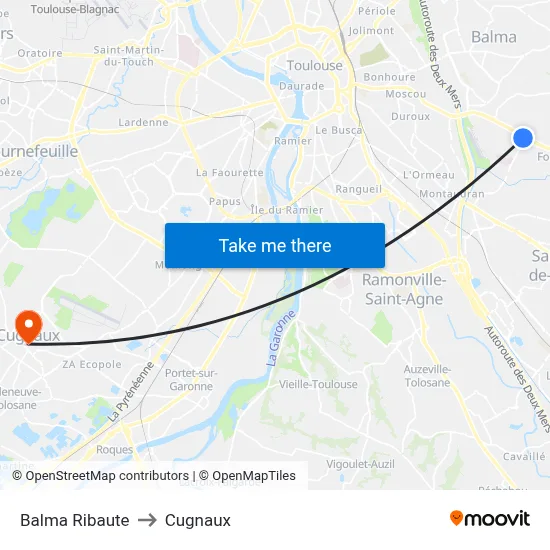 Balma Ribaute to Cugnaux map