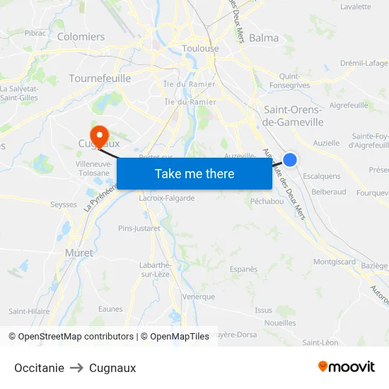 Occitanie to Cugnaux map