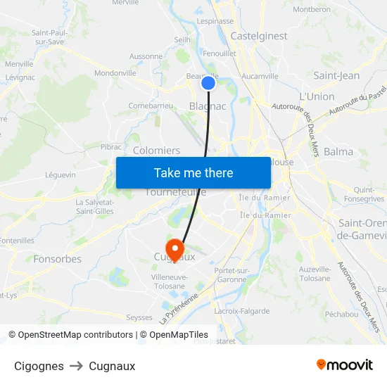 Cigognes to Cugnaux map