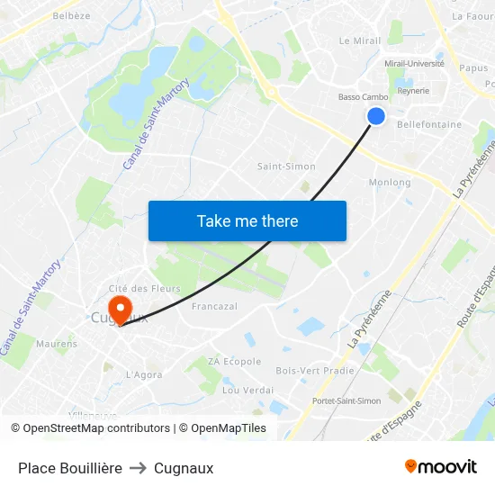 Place Bouillière to Cugnaux map