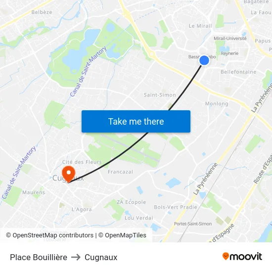 Place Bouillière to Cugnaux map
