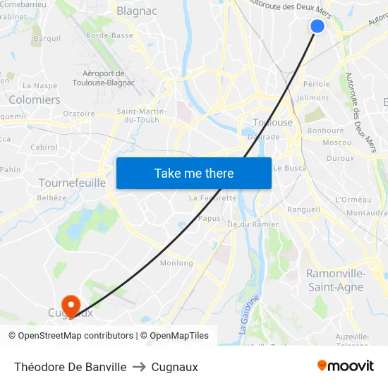 Théodore De Banville to Cugnaux map