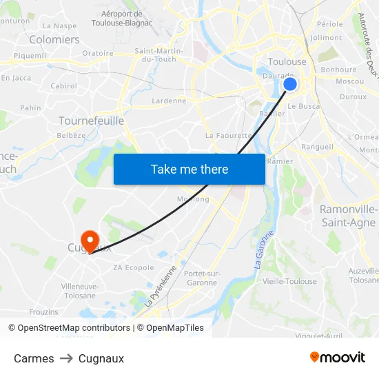 Carmes to Cugnaux map
